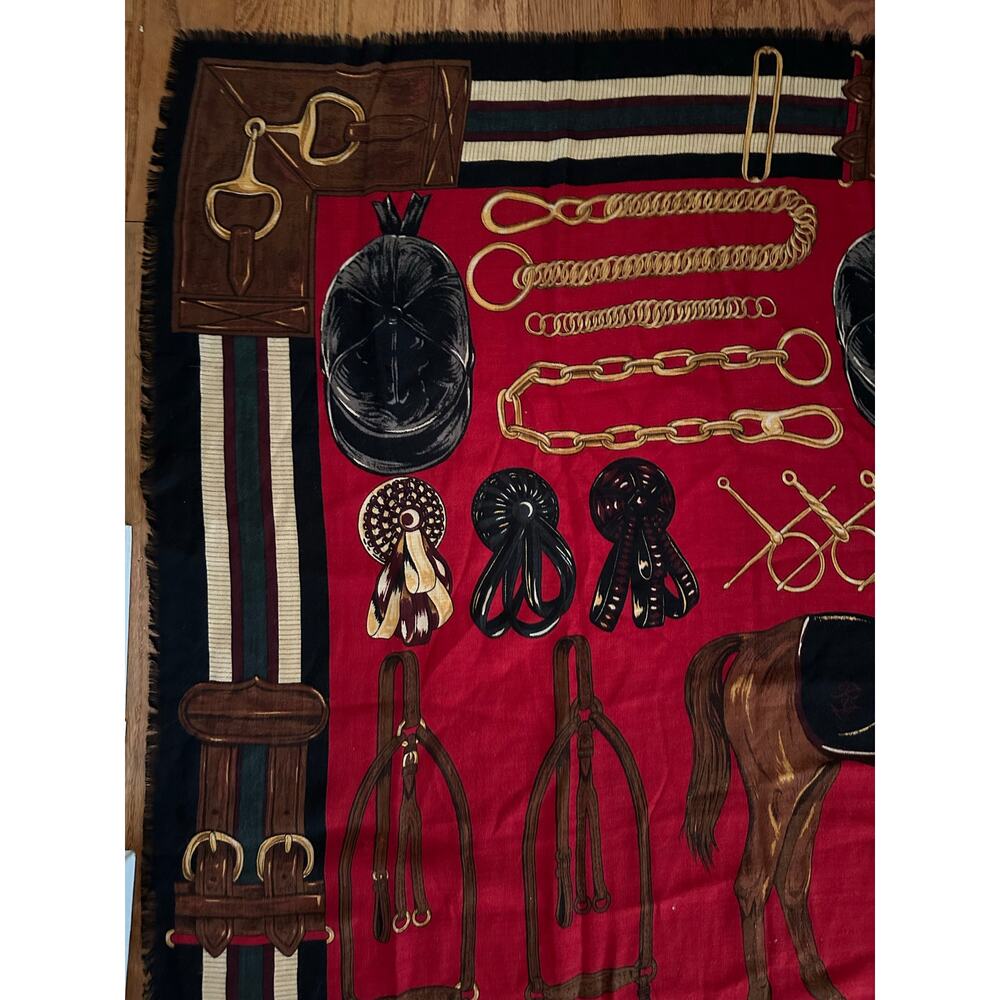 Ralph Lauren equestrian wool Silk horse Scarf Black Red 50x50” large READ - Picture 9 of 16